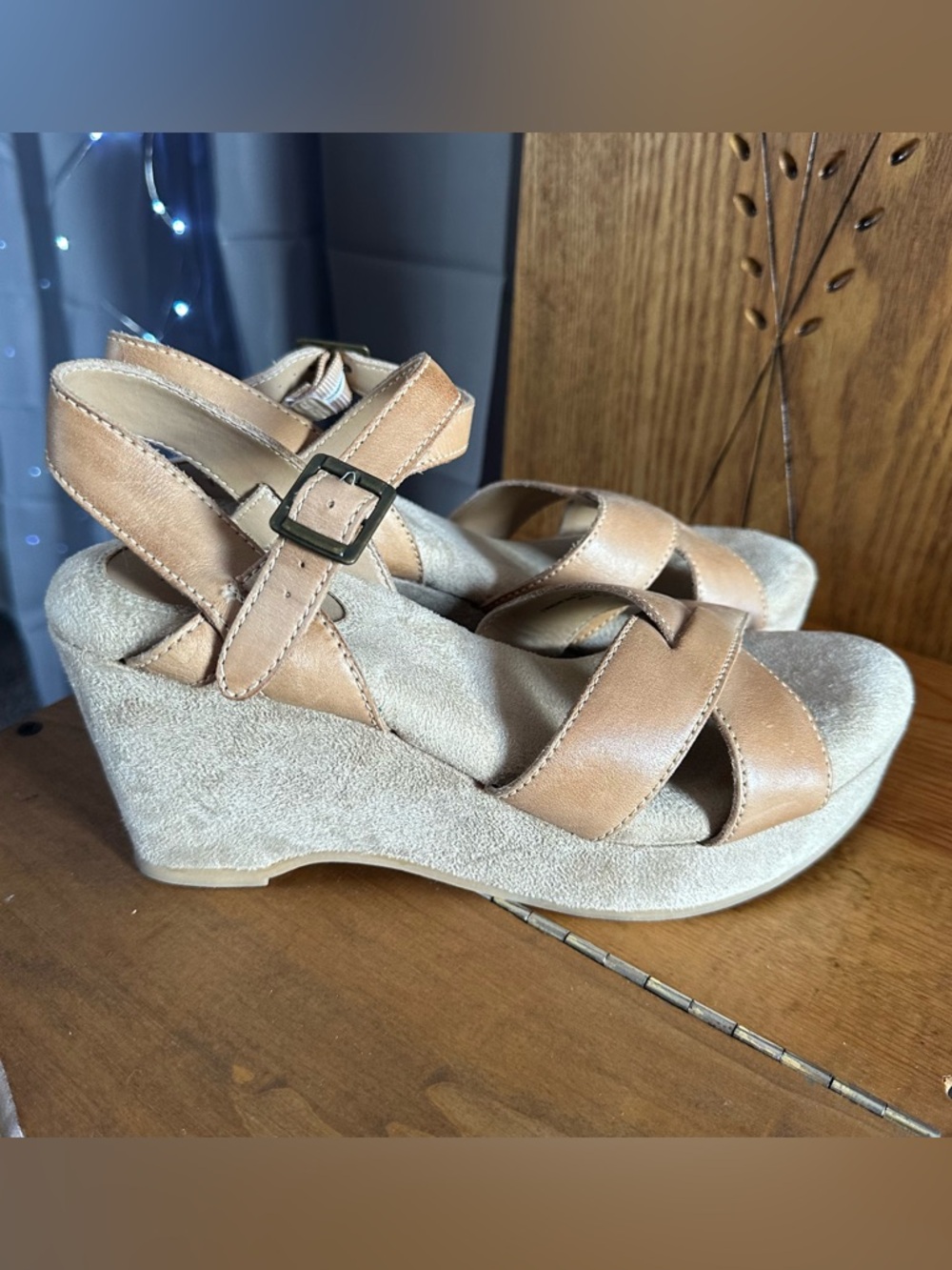 Womens Dune London Tan Leather Chunky Wedge Platform Crossed Straps Sandals Sz 9